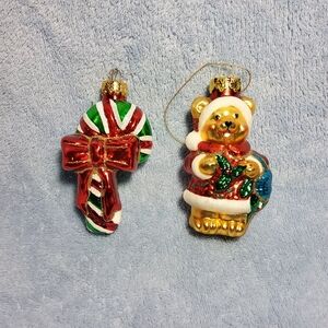 Blown Glass Teddy Bear in Santa Suit Candy Cane Christmas Ornaments 3.5" Glitter